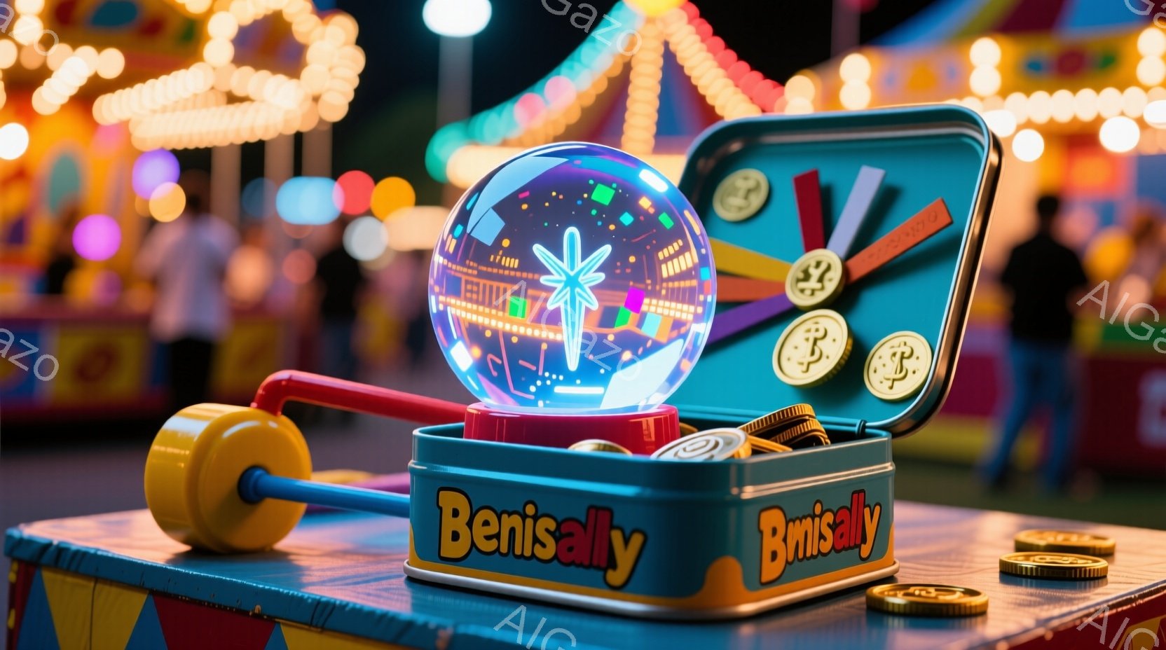 開いた金属製の缶の中に光る球体が入った様子を捉えています。缶は鮮やかな色で装飾され、「Benisally」という文字が大きく書かれています。背景には遊園地のライドや光がぼやけて見え、華やかで賑やかな雰囲気を醸し出しています。
