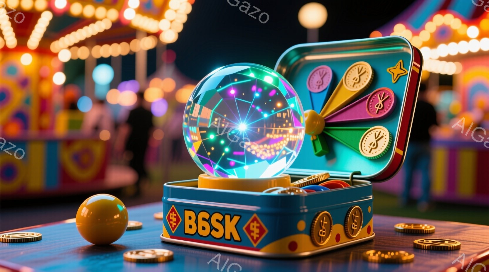 カラフルな遊園地の背景に、開いたブリキ缶が置かれています。缶の中には光り輝く球体があり、中には複雑な模様が浮かび上がっています。周囲には金色のコインが散らばっており、夜の遊園地の賑やかな雰囲気を醸し出しています。