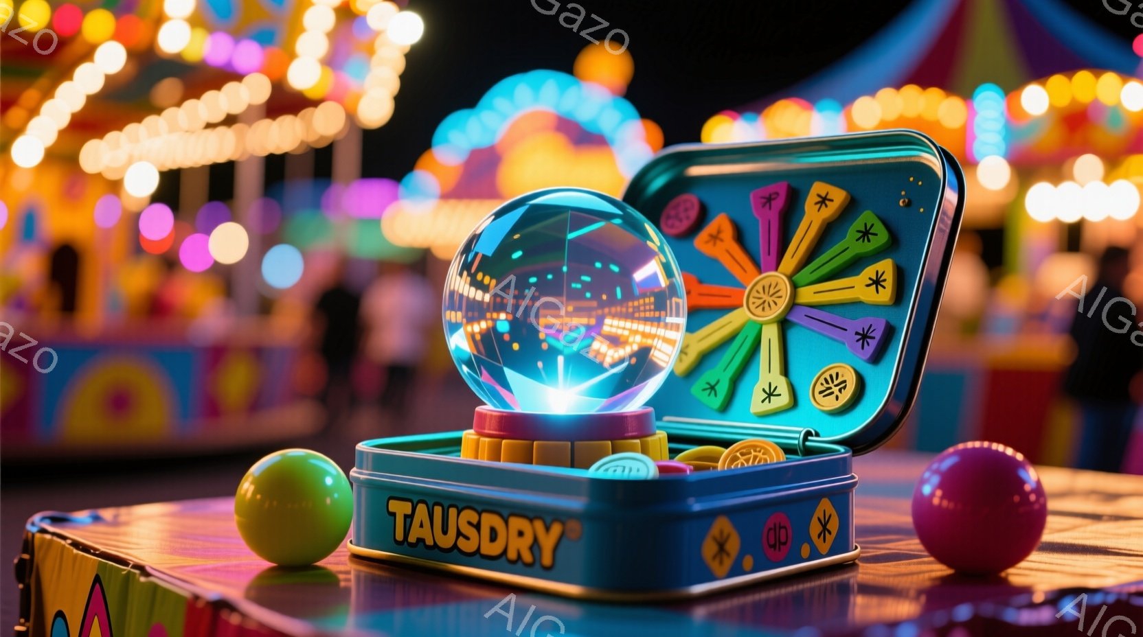 鮮やかな遊園地の背景に、開いた金属製のケースが置かれています。ケースの中には光る水晶球が浮かび、その周りにはカラフルな円形のトークンが散りばめられています。ケースの側面に大きく「TAUSDRY」と書かれており、遊園地のライトが反射して幻想的な雰囲気を醸し出しています。