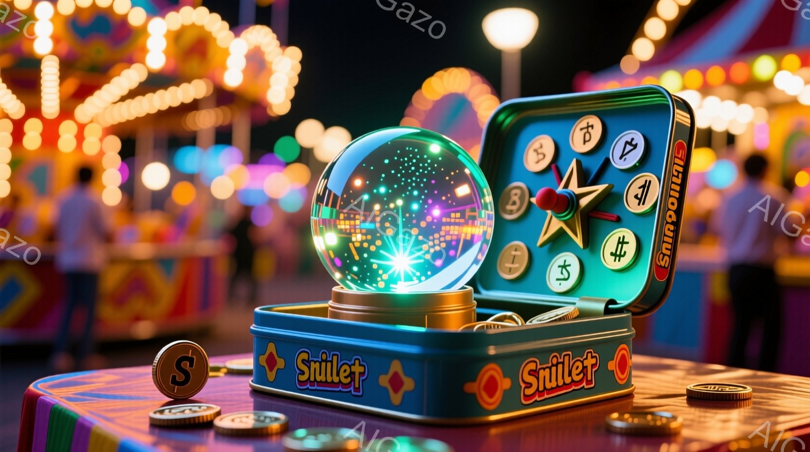 鮮やかな遊園地の背景に、開いたスニレットの缶が置かれています。缶の中には水晶玉が浮かび、内部には星のような光が煌めいています。缶の周りには金色のコインが散らばり、遊園地の煌びやかな雰囲気を強調しています。