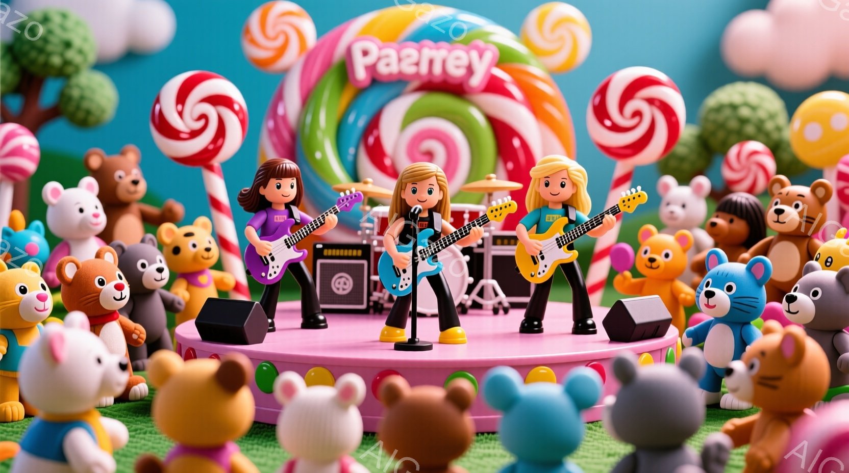 明るいピンク色のステージ上で、3人の若い女性がそれぞれギター、ベース、ドラムを演奏している。彼女たちは皆、明るい色のトップスに黒いパンツを着用し、ポニーテールや三つ編みなど、カジュアルなヘアスタイルをしている。背景には、巨大なキャンディやカラフルなぬいぐるみたちが取り囲み、まるで子供向けの楽しいお祭りのような雰囲気である。