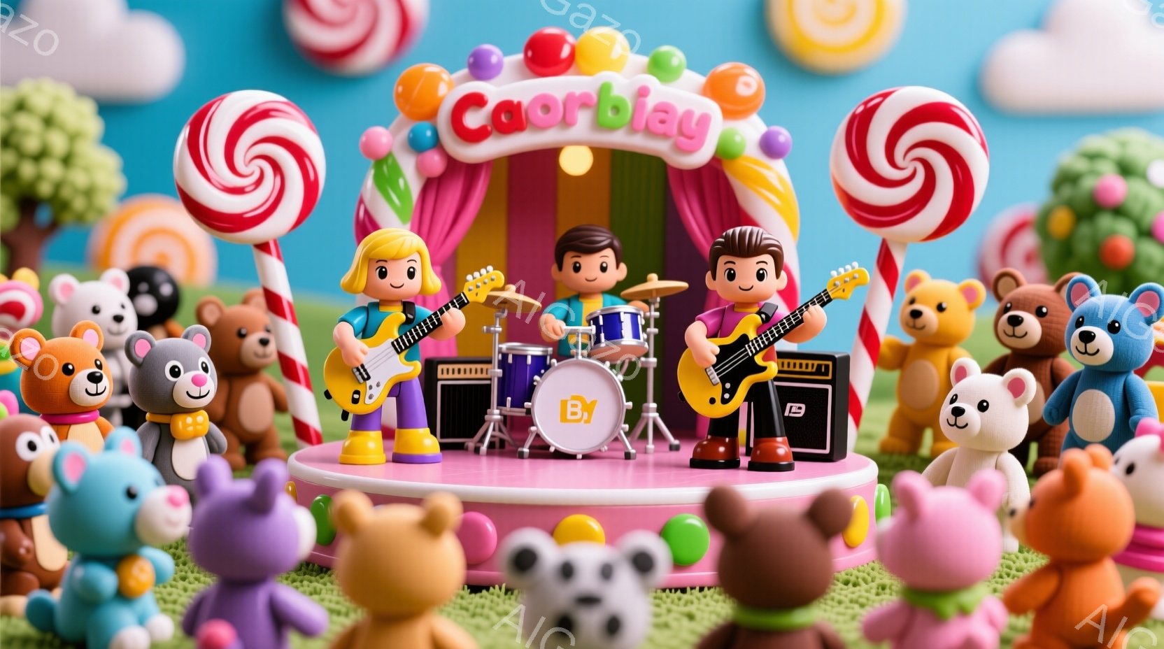 カラフルなキャンディーやテディベアに囲まれたステージ上で、3人のバンドメンバーが演奏しています。各メンバーは明るい色の服を着ており、笑顔で楽器を演奏する姿は、陽気で楽しい雰囲気を醸し出しています。背景には、パステルカラーの建物や木々があり、全体的に夢のようなお菓子の国のような印象を与えます。