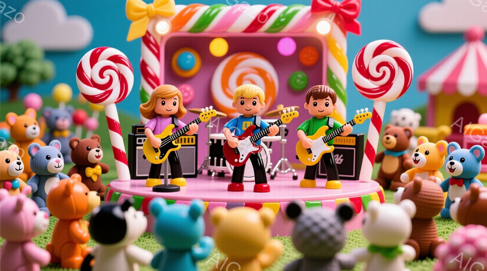 ３人の少年がステージ上でギターを演奏している様子が描かれています。彼らはそれぞれ赤いシャツ、青いシャツ、白いシャツを着ており、短い茶色の髪をしています。背景にはキャンディやテディベア、カラフルな建物があり、お祭りや遊園地のような楽しげな雰囲気が漂っています。