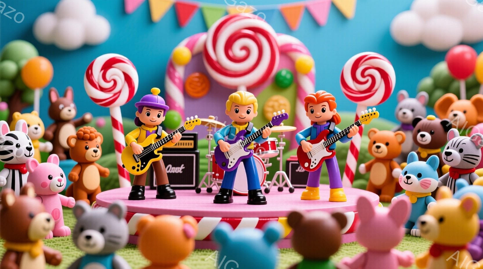 明るいピンク色のステージ上で、３人の若い男女がそれぞれギターを演奏している。彼らは皆、明るい色の服装で、元気な表情をしている。背景には、キャンディやカラフルなクマのぬいぐるみ、そして虹色の旗が飾られ、お祭りや遊園地のような楽しい雰囲気を醸し出している。
