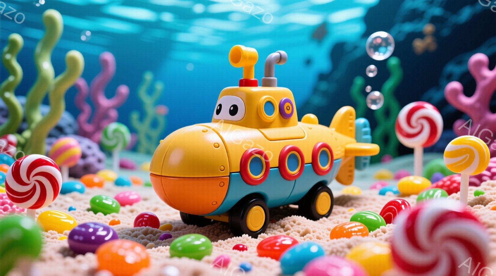 明るい黄色の潜水艦が、キャンディやカラフルなジェリービーンズが散らばる海底にいる。背景には、渦巻き模様のキャンディや、様々な色の珊瑚礁が点在し、遊び心あふれるファンタジーの世界を演出している。全体的に明るく、子供向けの可愛らしい雰囲気が漂っている。
