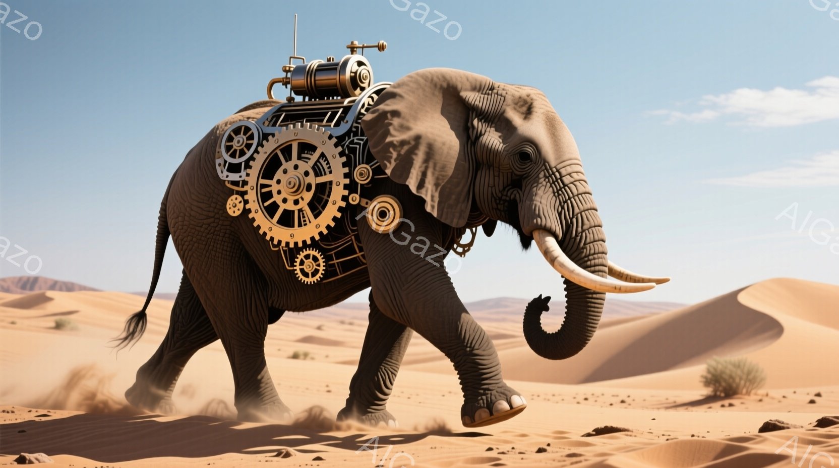 巨大なアフリカゾウが砂漠を力強く駆け抜けている様子が描かれている。背中には複雑な歯車やパイプ、機械仕掛けが取り付けられており、スチームパンク風の独特な外観を呈している。背景には広大な砂丘とまばらに生える植物が見え、晴天の下、埃を巻き上げながらゾウが疾走する様子が描かれている。