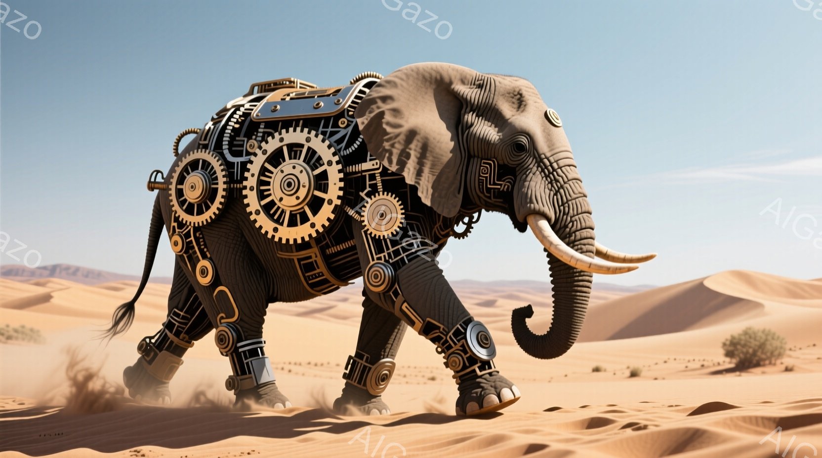 砂漠を疾走する機械仕掛けのゾウが描かれている。体は複雑な歯車や金属製のパーツで構成され、脚部には関節が組み込まれている様子が伺える。背景には、起伏のある砂丘とわずかな植生が見え、晴天の下、強い日差しが照りつける乾燥した雰囲気が伝わってくる。