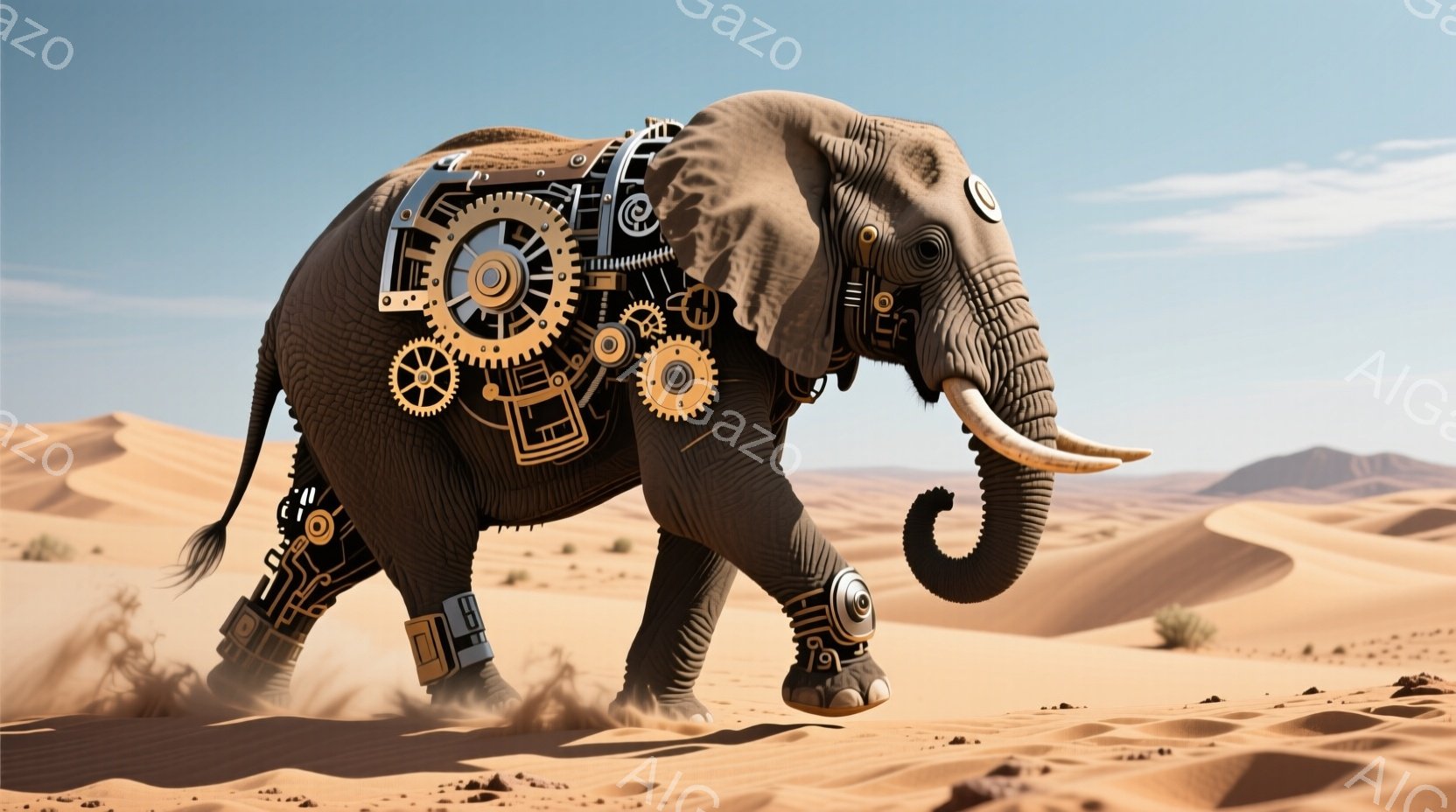 砂漠を疾走するメカニカルなゾウが描かれている。その体は金属製の機構や歯車で構成されており、脚や側面には複雑な構造が見られる。背景は広大な砂漠の風景で、遠くには砂丘が連なり、晴天の下で埃が舞っている。