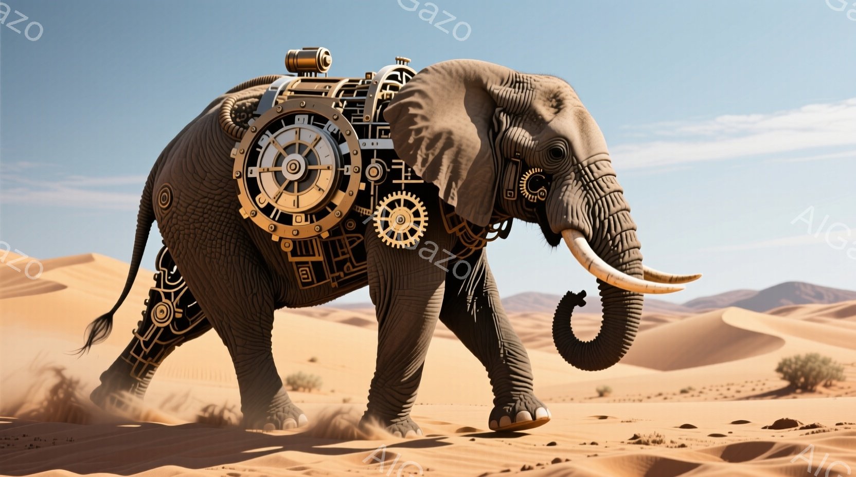 砂漠を歩く巨大な象が描かれています。その体の一部は複雑な機械仕掛けで構成されており、背中には歯車やパイプが組み込まれています。背景は広大な砂漠地帯で、まばらに植物が生え、晴天の下、象は力強く歩を進めています。