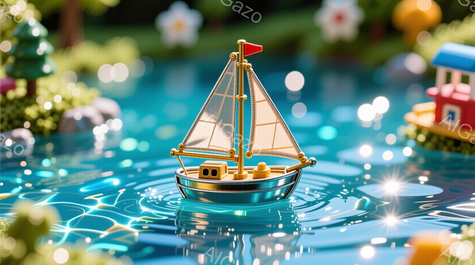 小さな白と黒のヨットが、輝く水面を航行している様子が描かれています。背景には、鮮やかな緑の植物、カラフルな花、そして可愛らしい家々が見え、まるで夢の中のような幻想的な光景を作り出しています。水面には光が反射し、きらきらと輝き、全体的に明るく、穏やかな雰囲気を醸し出しています。