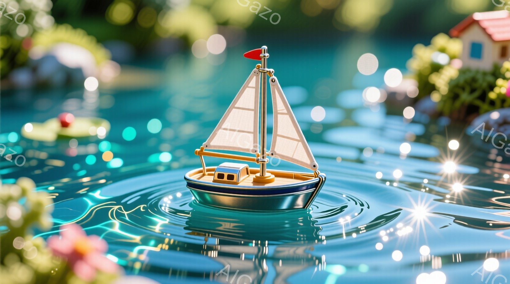 小さな青いヨットが水面に浮かび、周囲に波紋が広がっている。背景には緑豊かな植物やぼやけた花々が見え、水面には太陽光が反射してキラキラと輝いている。全体的に穏やかで、幻想的な雰囲気が漂っている。 - AI生成フリー素材