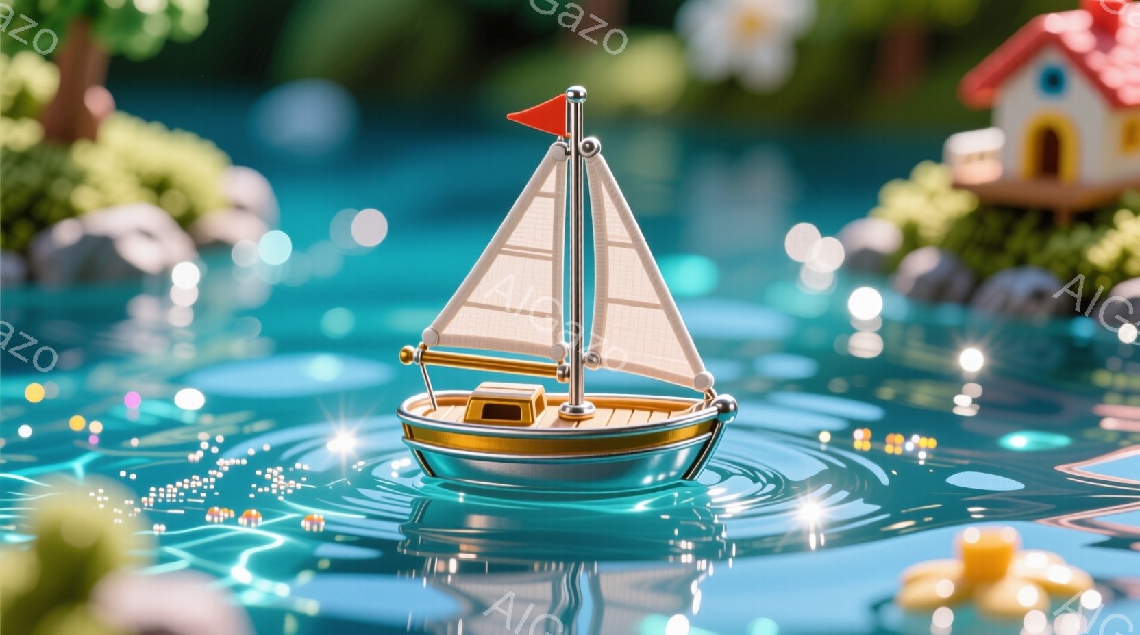 小さな白い帆を持つ、金色の船が穏やかな水面に浮かんでいる。背景には、カラフルな家や植物が見え、水面にはキラキラと輝く光が反射している。全体的に、夢のような、遊び心のある、温かい雰囲気が漂っている。 - AI生成フリー素材