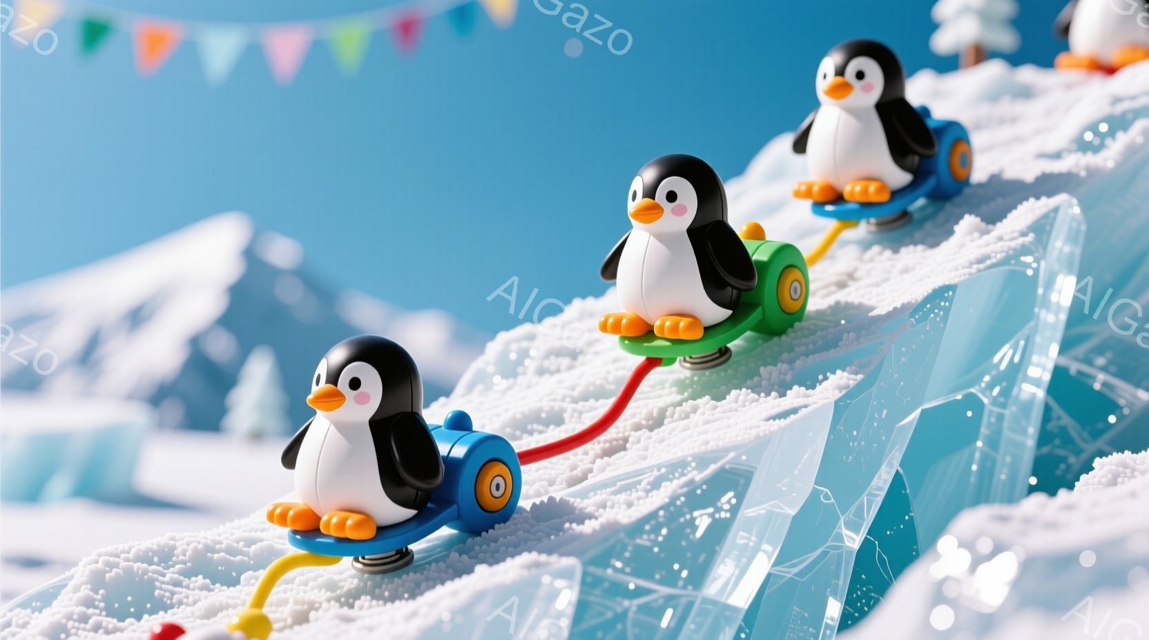 白い背景に、かわいらしいペンギンのフィギュアが3羽、カラフルな乗り物に乗って並んでいます。ペンギンたちはオレンジ色の足と、つぶらな瞳を持ち、楽しそうな表情をしています。背景には氷の結晶のような模様と、青い空が広がっており、全体的に明るく遊び心のある雰囲気です。