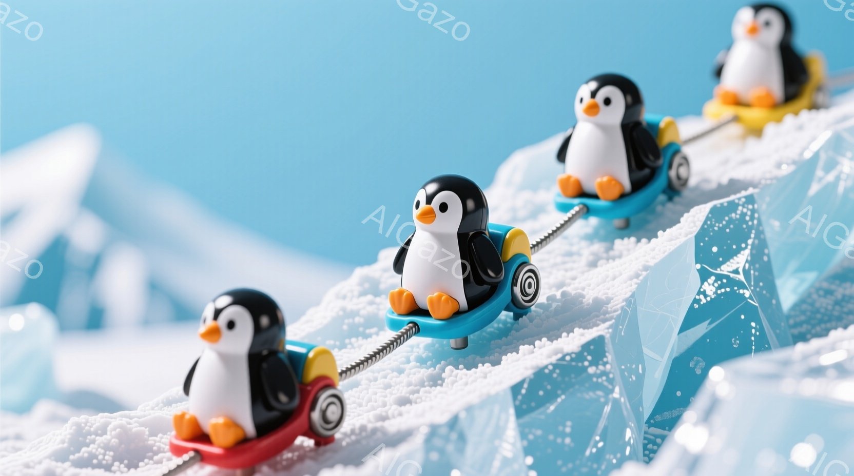 鮮やかな青い背景に、かわいらしいペンギンたちがカラフルなスケートボードに乗って並んでいます。ペンギンたちはつるんとした黒い体と白い顔をしており、楽しそうな表情で前を見つめています。背景は氷の結晶のよう - AI生成フリー素材