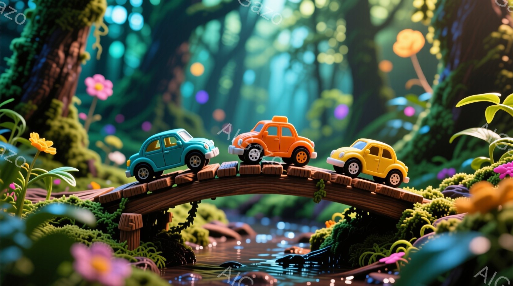 小さな橋の上を、青、オレンジ、黄色の3台のレトロな車が並んで走っています。背景には緑豊かな植物が生い茂り、カラフルな花が咲き乱れ、まるで童話の世界のような雰囲気です。水面がきらきらと輝き、橋の周りには苔むした石が点在しており、幻想的な風景を作り出しています。