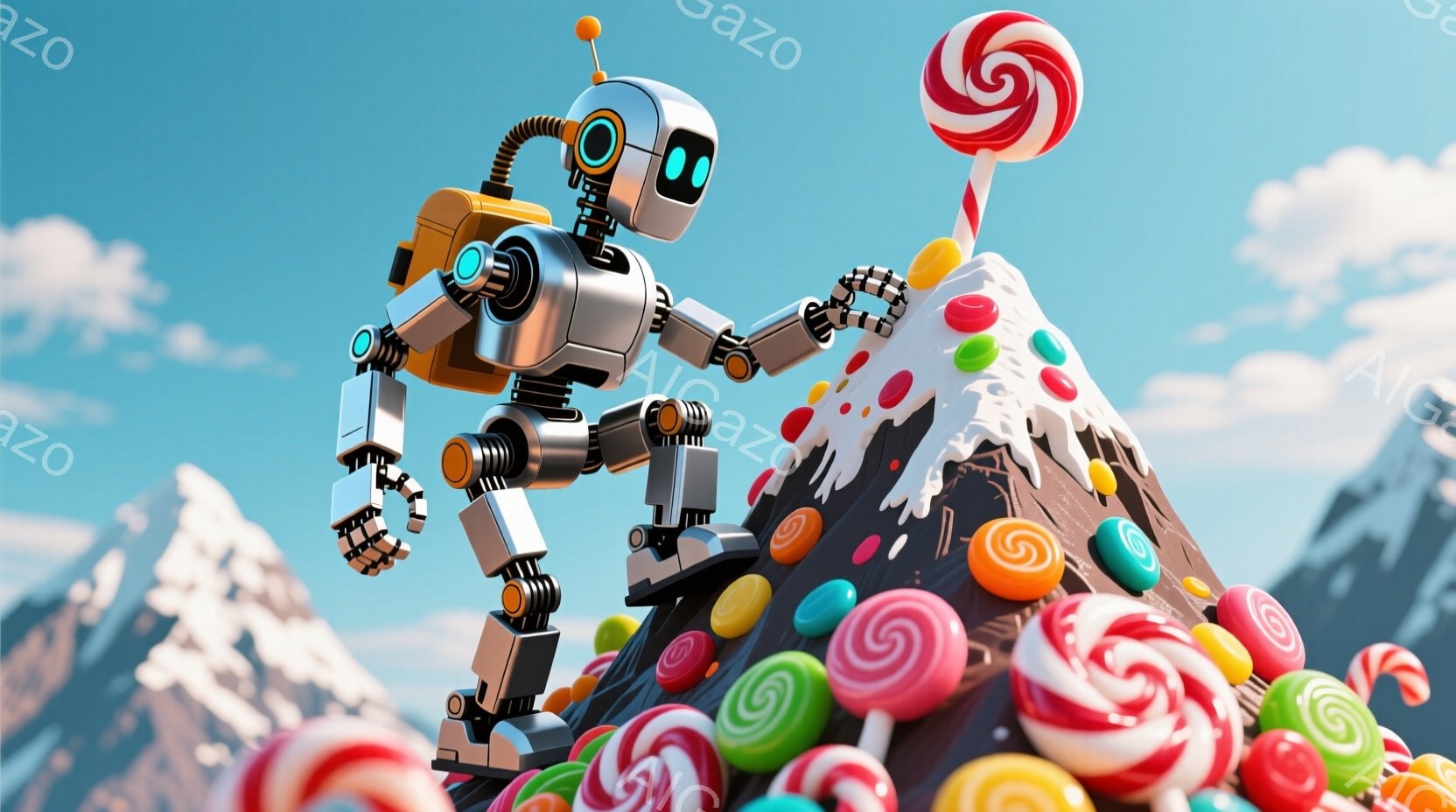 金属製のロボットが、カラフルなキャンディで覆われた山頂に立っている。ロボットはオレンジ色の目と明るい青色の発光パーツを持ち、片手に大きな渦巻きキャンディを持っている。背景には雪をかぶった山々と青空が広 - AI生成フリー素材