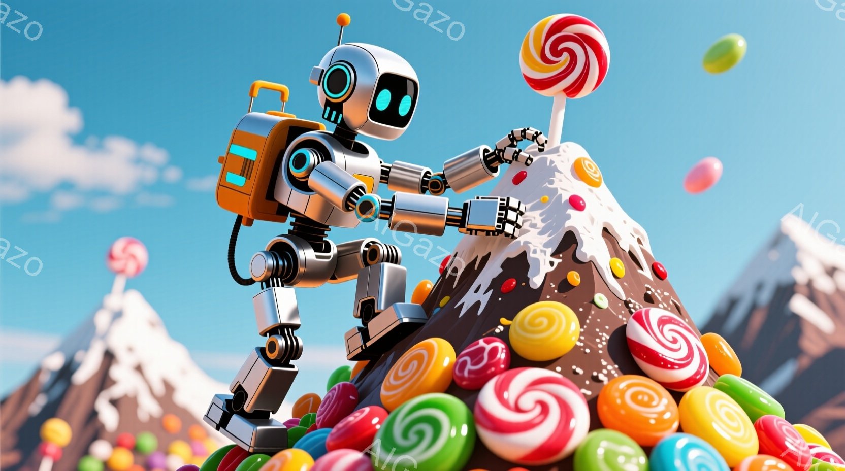 明るい青空の下、ロボットがキャンディの山の上に立っています。ロボットはオレンジと白の配色で、丸い目とアンテナが特徴的で、片手を伸ばしてキャンディを掴もうとしています。背景には雪山がそびえ立ち、キャンデ - AI生成フリー素材