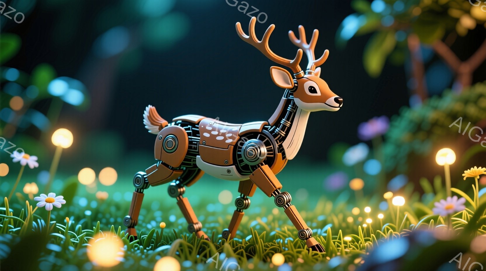 鮮やかな緑色の草地の中に、機械的な鹿が立っています。体は金属的な質感で、関節部分が露出し、複雑な構造をしています。背景にはぼやけた植物と、点在する光るキノコのようなオブジェクトがあり、ファンタジーのような雰囲気を醸し出しています。