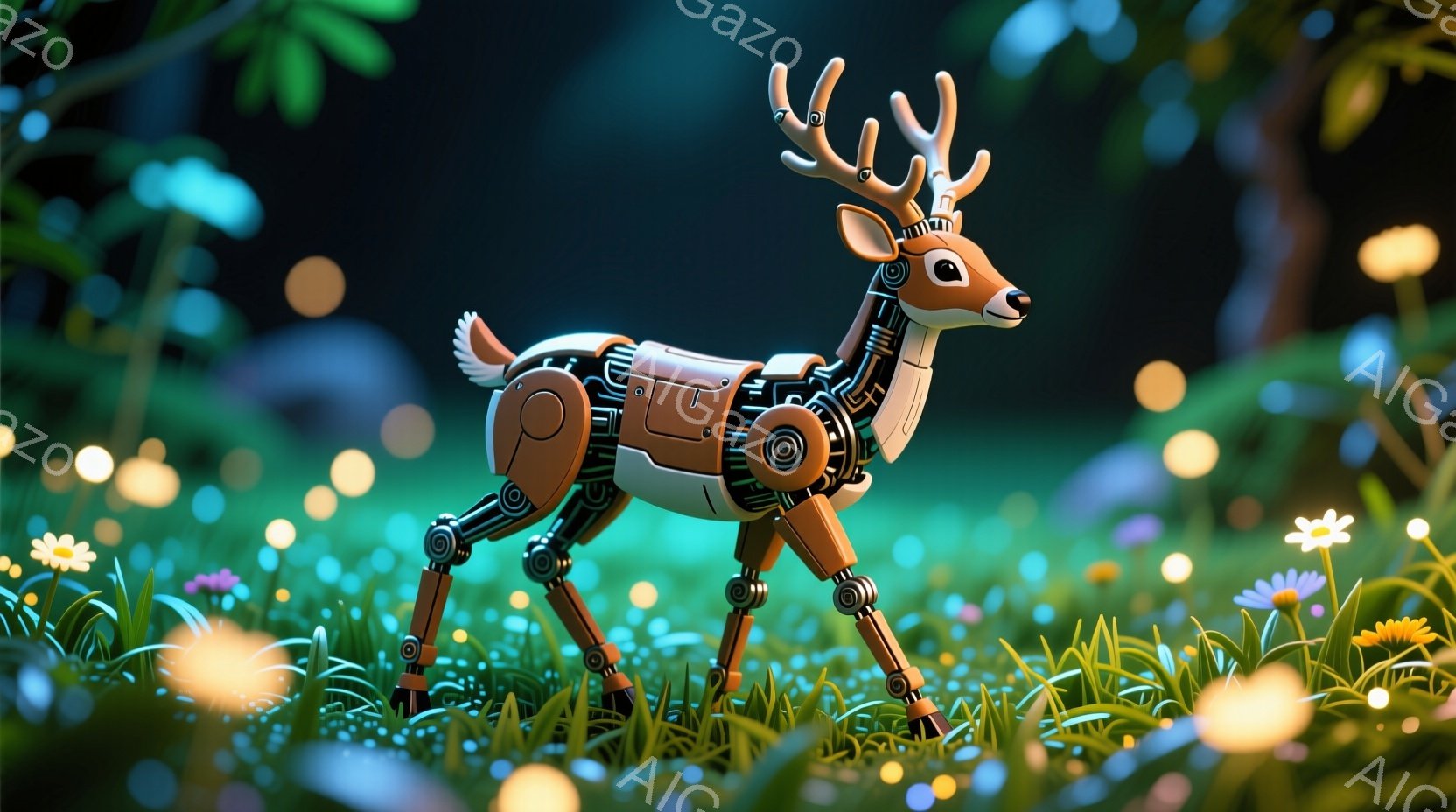 明るい緑色の草地に、機械仕掛けのシカが立っている。シカは金属製の関節とオレンジ色のパネルで構成され、未来的な外観を呈している。背景にはぼやけた花々と、光る粒子の散りばめられた幻想的な森が広がっている。
