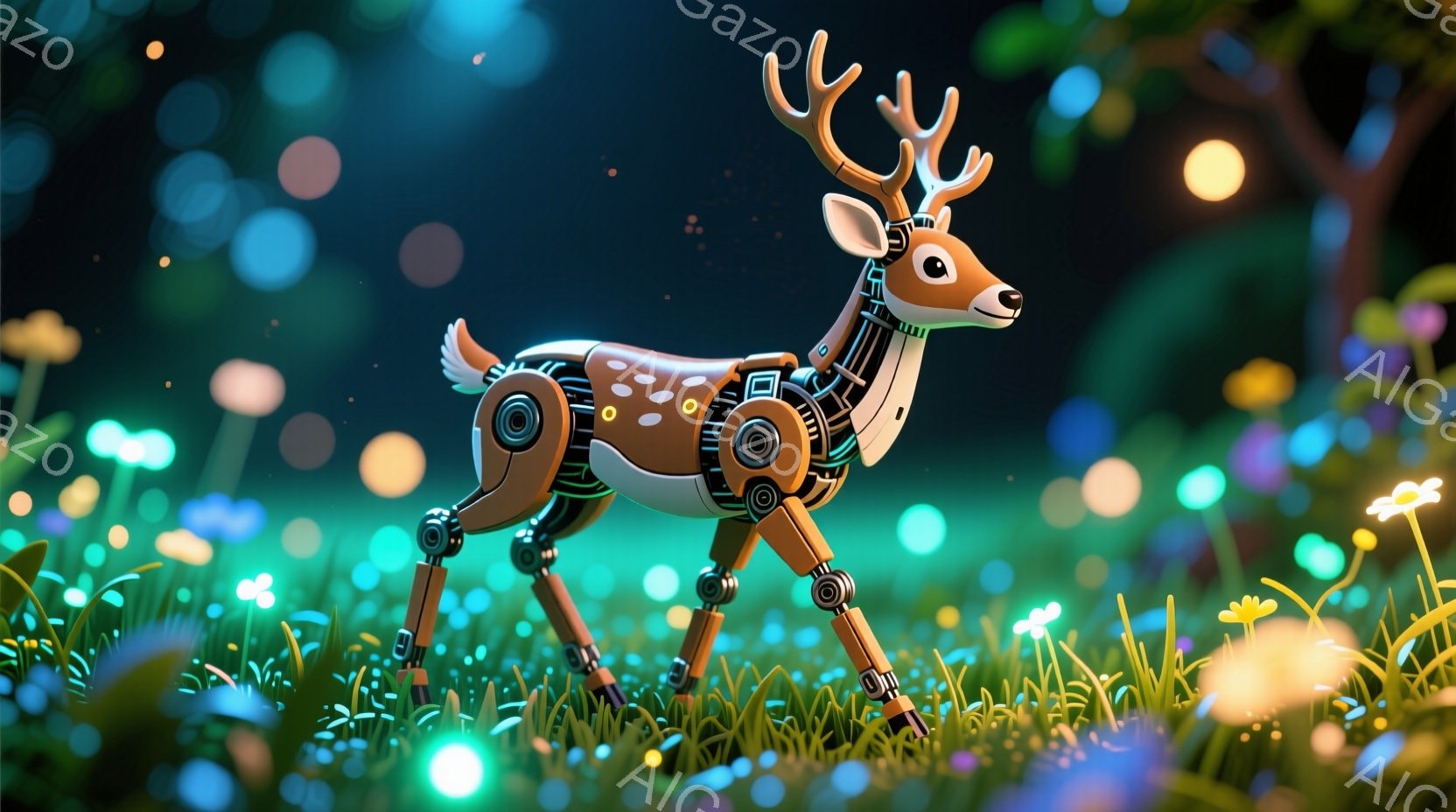 鮮やかな緑の草地に、機械仕掛けの鹿が立っている。鹿の体は金属製の部品で構成され、関節部分は球状のジョイントで繋がれている。背景には、ぼやけた花々や光の粒子が散りばめられ、ファンタジーのような幻想的な雰囲気を醸し出している。
