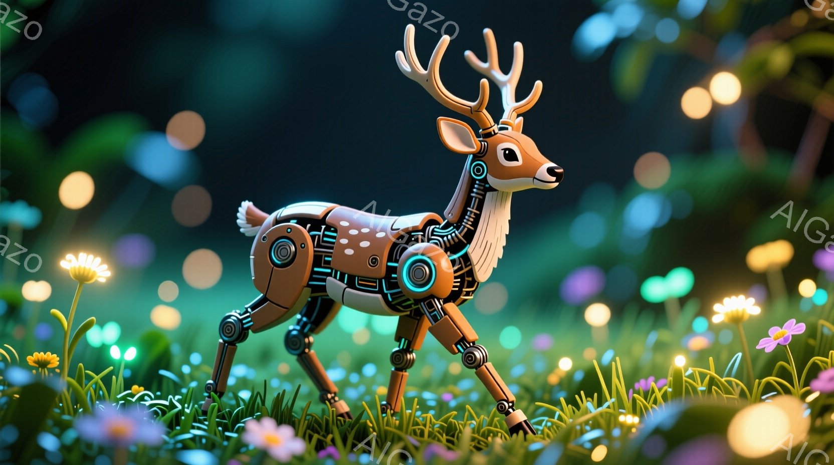 機械的な鹿が花畑に立っている様子を描いています。鹿は複雑な内部構造を持つ金属製のボディで構成され、関節は可動式になっています。背景は鮮やかな緑の草と色とりどりの花で覆われ、ぼやけた光の粒子が幻想的な雰囲気を醸し出しています。