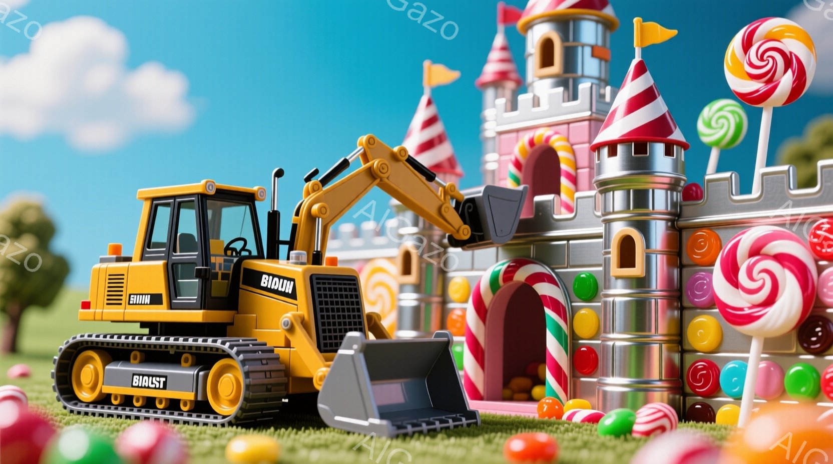明るい緑の芝生の上に、黄色いショベルカーが立っている。背景には、キャンディーで飾られたお城があり、様々な色や形のキャンディーが所々に散らばっている。全体的に、お菓子のようなカラフルで楽しい雰囲気が漂っている。