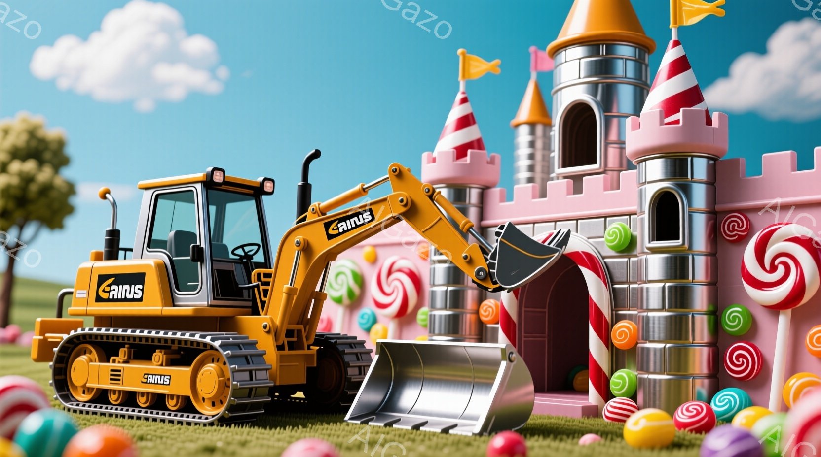 鮮やかな背景に、オレンジ色のショベルカーがキャンディの城のトンネルを掘り進んでいます。城壁は巨大なキャンディで飾られ、地面にはカラフルな卵やキャンディが散らばっています。全体的に夢のような、お菓子の国のような雰囲気で、遊び心と楽しさが感じられます。
