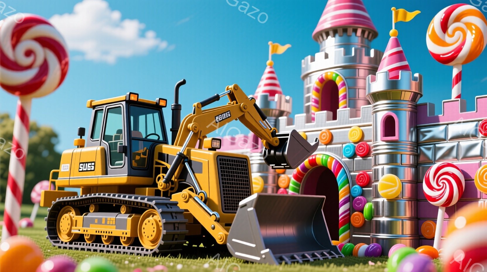 広々とした緑の芝生の上に、建設用ブルドーザーが置かれており、鮮やかなキャンディーの城が背景に聳えています。空は晴れで、巨大なキャンディーが芝生に散らばり、おとぎ話のような雰囲気を作り出しています。ブルドーザーはオレンジ色で、建設現場のような様子と、甘いお菓子の世界が混ざり合った、奇妙で楽しい光景です。