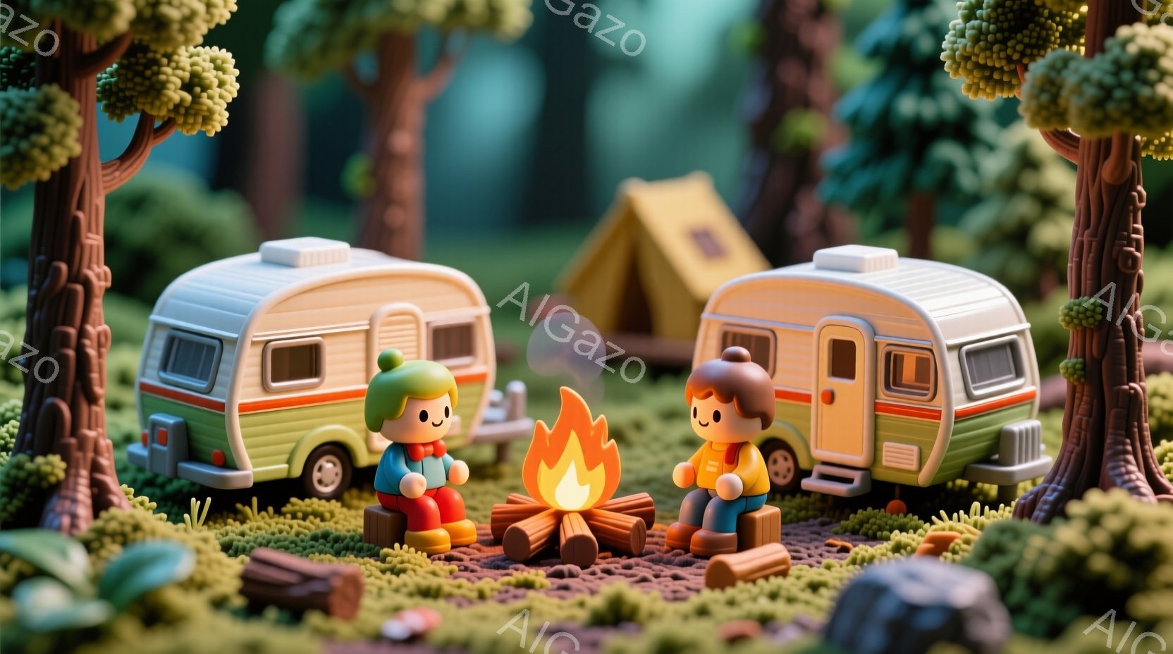 緑豊かな草原に、可愛らしいキャンピングカー二台と、小さな人物二人が焚き火を囲んでいます。人物はそれぞれ赤いヘアバンドと茶色のヘアバンドを着用し、明るい表情で焚き火を見つめており、リラックスした雰囲気です。背景には、針葉樹の木々と、遠くに見えるテントが配置され、穏やかで温かいキャンプの情景が描かれています。
