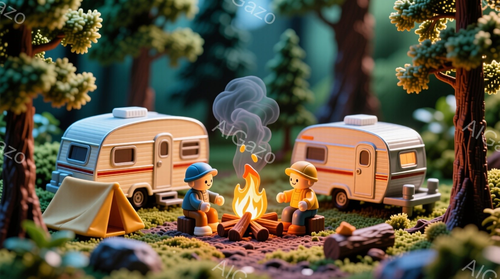 鮮やかな緑色の芝生の上に、小さなキャンピングカー二台と焚き火が設置されています。二人の人物はそれぞれ青とオレンジの作業着を着用し、帽子をかぶっており、焚き火を囲んで座っています。背景には緑豊かな木々が生い茂り、暖かく穏やかなキャンプの雰囲気が漂っています。