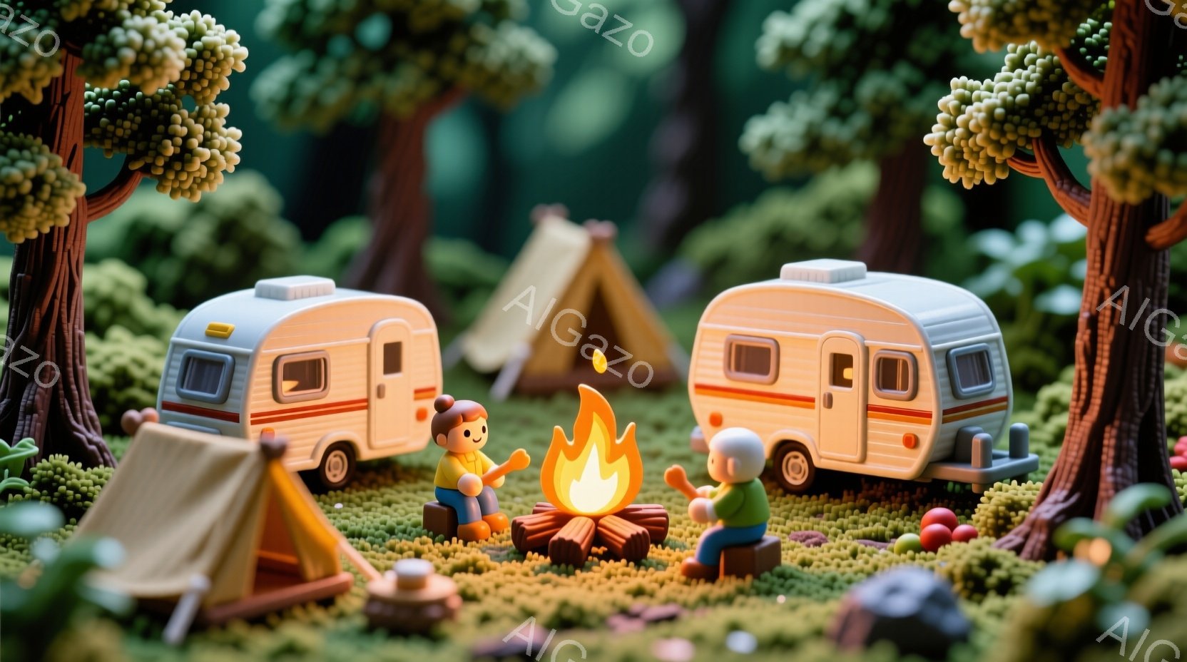 鮮やかな緑の芝生の上に、キャンプファイヤーを囲んで座る若い女性と男性が描かれています。女性はオレンジ色の髪をポニーテールにし、黄色いシャツを着ており、男性は緑色の帽子と青いシャツを着ています。背景には、テントとキャンピングカーが2台あり、密集した緑の木々に囲まれており、明るく陽気なキャンプの雰囲気を醸し出しています。