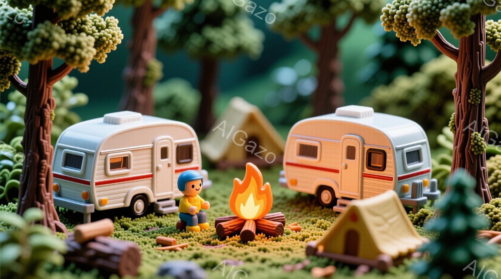 鮮やかな緑色の芝生の上に、2台の白いトレーラーとテントが並んでいます。オレンジ色のオーバーオールを着た少年が、焚き火のそばで笑顔で立っており、背景には緑の木々が生い茂っています。全体的に、暖かく穏やかなキャンプ場の雰囲気が漂っています。