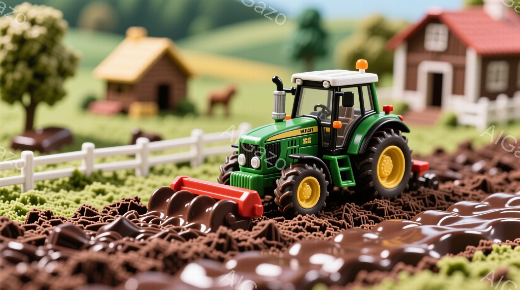 緑色のトラクターが茶色の畑を耕している様子が写っている。背景には、白い柵、赤い屋根の家、そして緑豊かな丘が見え、穏やかな田園風景が広がっている。全体的に、平和で牧歌的な雰囲気が漂っている。
