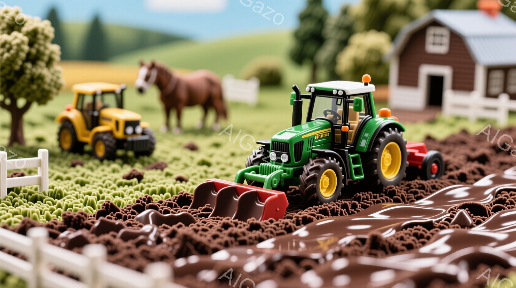 牧場のミニチュア模型で、耕運機と農場動物が描かれています。緑色のトラクターは土を耕し、オレンジ色のトラクターは近くにいます。背景には、白い柵に囲まれた農家と、緑の丘が見え、穏やかな田園風景を思わせます。