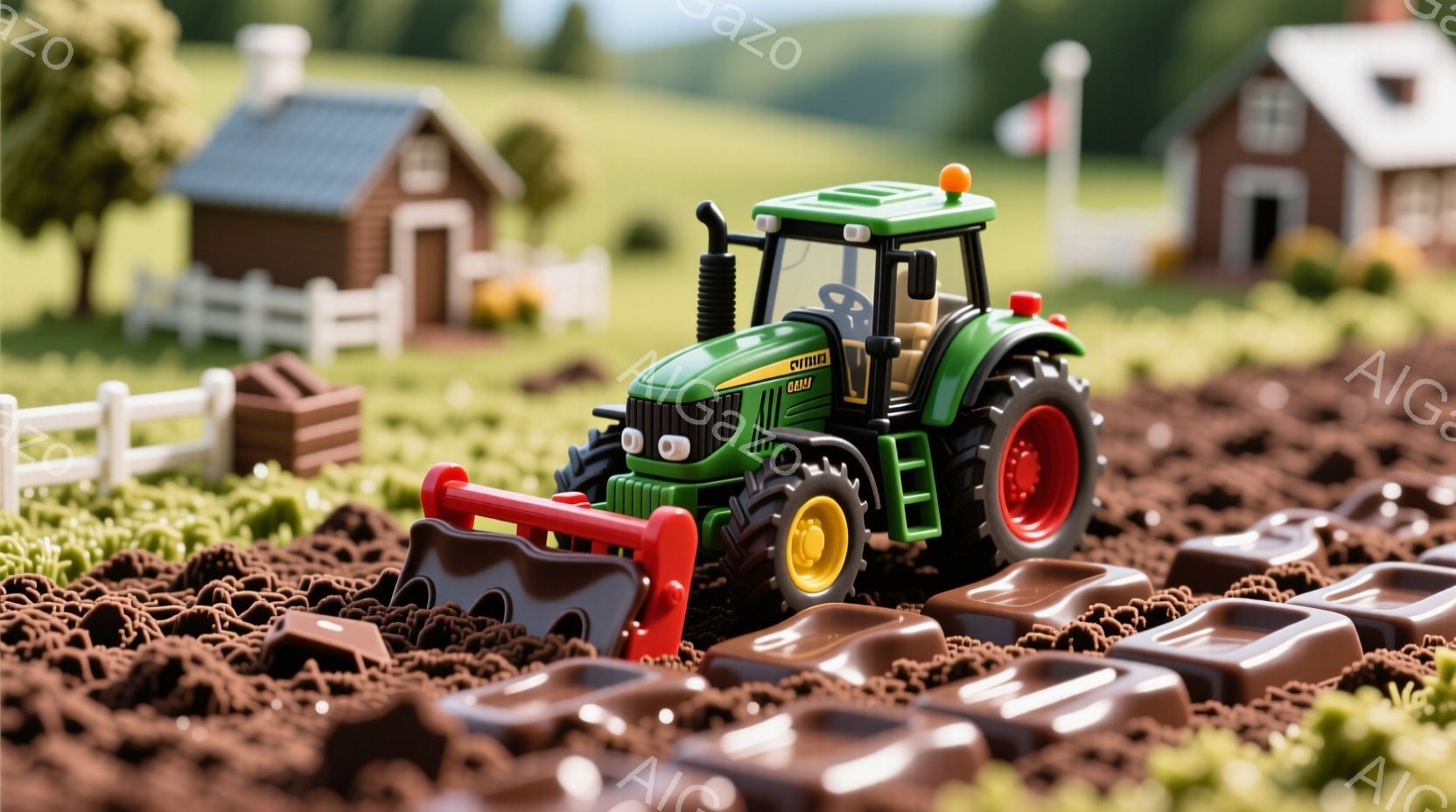 モデルの農場風景には、鮮やかな緑と赤の近代的なトラクターが土を耕す様子が描かれています。背景には、白い柵に囲まれた小さな家々と、緑豊かな丘陵地帯が広がり、晴れた日の穏やかな田園風景を表現しています。全体的に、ミニチュアで作られた可愛らしい、牧歌的な雰囲気が漂っています。