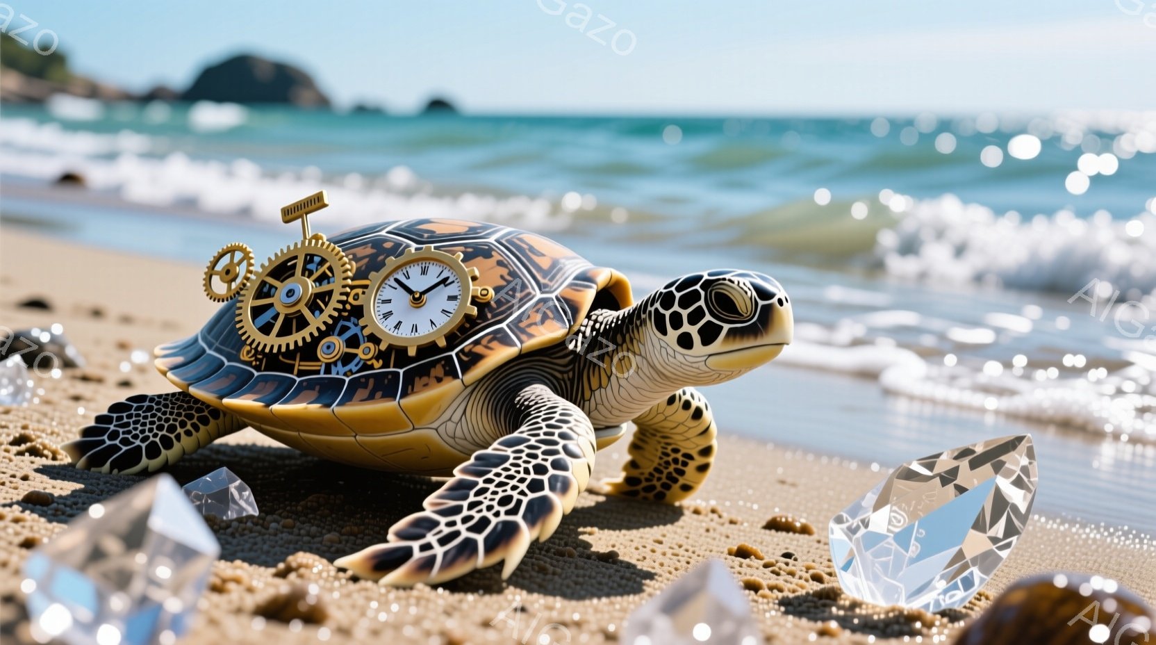 海岸の砂浜に、複雑な時計仕掛けが背中に取り付けられたウミガメがいます。背景には穏やかな青い海と、ぼんやりとした海岸線が見え、透明なダイヤモンドのような結晶が周囲に散らばっています。全体的に、幻想的で少し不思議な雰囲気です。
