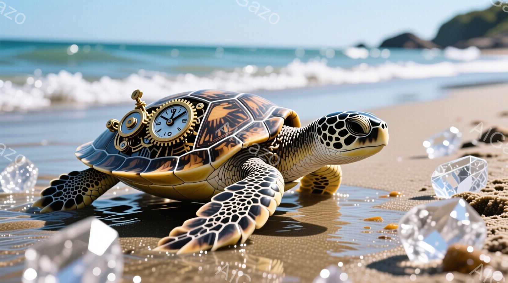 砂浜に、精巧な時計仕掛けが施されたカメが佇んでいます。甲羅には複雑な歯車が組み込まれ、その上に小型の時計が取り付けられています。背景には穏やかな海と青空が広がり、透明な氷のようなオブジェクトが散らばっており、幻想的な雰囲気を醸し出しています。