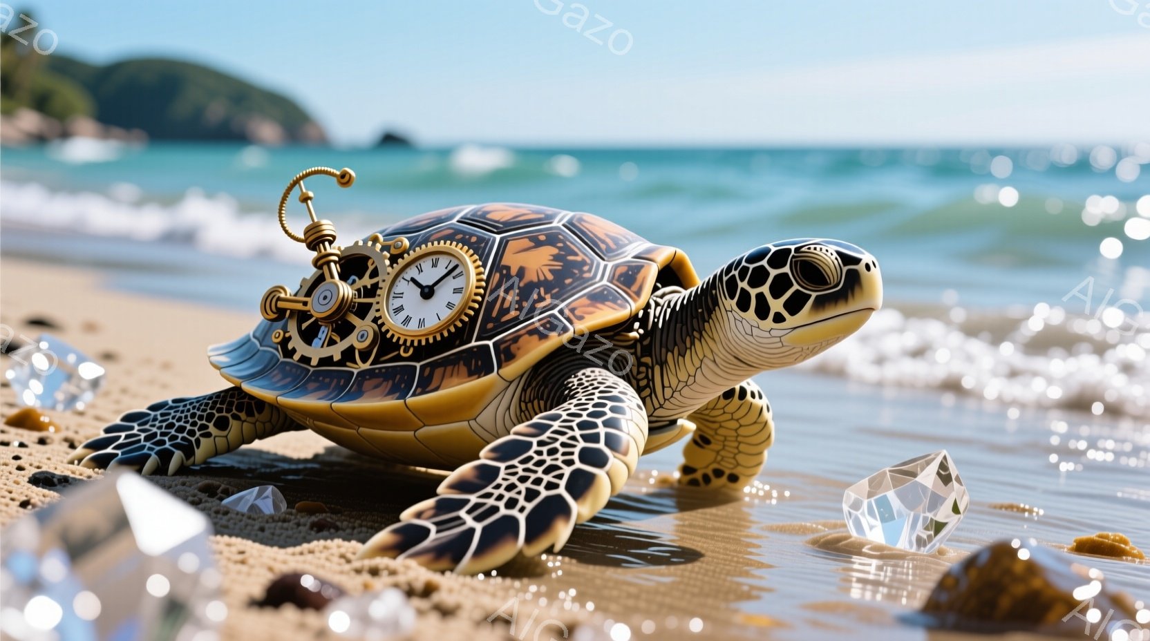 砂浜にいるカメが、複雑な機械仕掛けの時計を背中に乗せています。そのカメは、明るい光を浴びて輝く、美しい模様の甲羅を持ち、穏やかな表情でこちらを見ています。背景には穏やかな海が広がり、太陽の光が水面で反射してキラキラと輝いています。