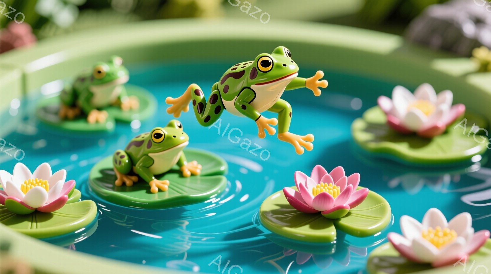 明るい水面に、緑色のカエルが水lilyの葉の上や、空中で飛び跳ねています。カエルたちは丸い目をしており、楽しそうな表情をしています。背景は水面と水lilyで占められ、穏やかで楽しい雰囲気を醸し出してい - AI生成フリー素材