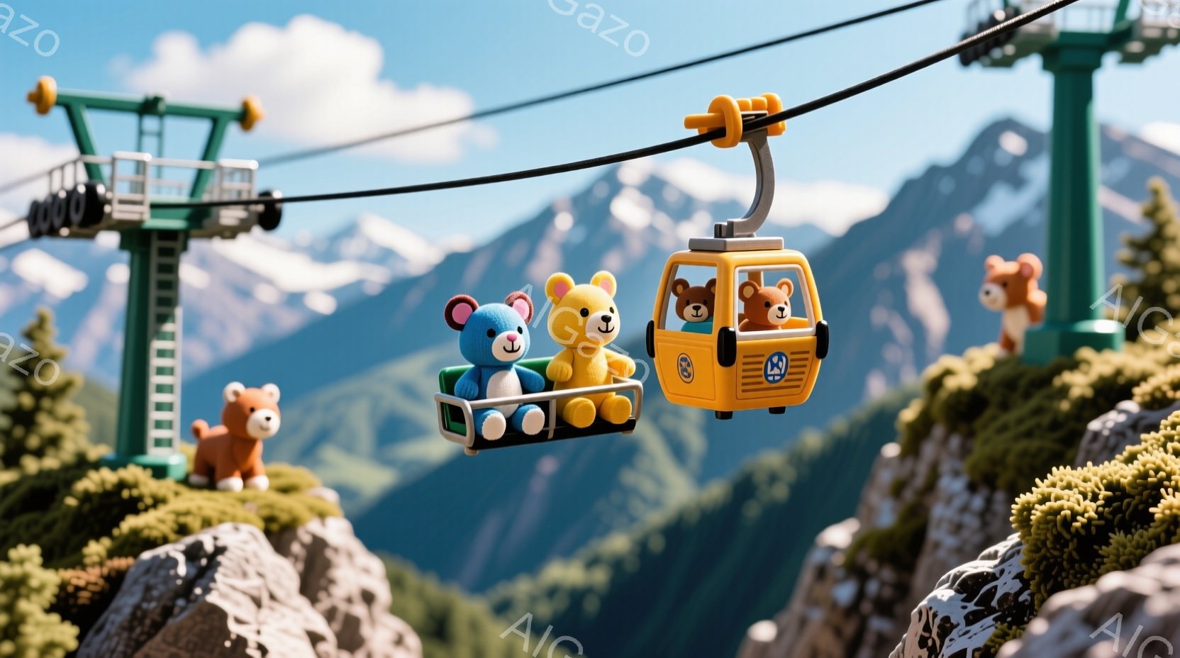 黄色いゴンドラが山間を走っており、中には青いクマ、黄色のクマ、茶色のクマの３匹が乗っています。ゴンドラの周りには岩や緑の植物が茂り、遠景には雪を抱いた山々が広がっています。晴天の下、クマたちは楽しそうに景色を眺めているような、明るく平和な雰囲気が漂っています。