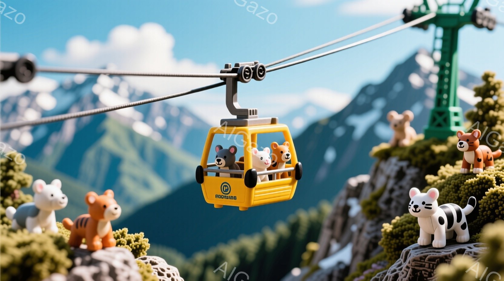 カラフルな動物たちが、黄色いゴンドラに乗って山を登っています。ゴンドラの周りには、緑豊かな山々が広がり、遠くには雪を抱いた山々が見えます。全体的に明るく、楽しげな雰囲気が漂っています。