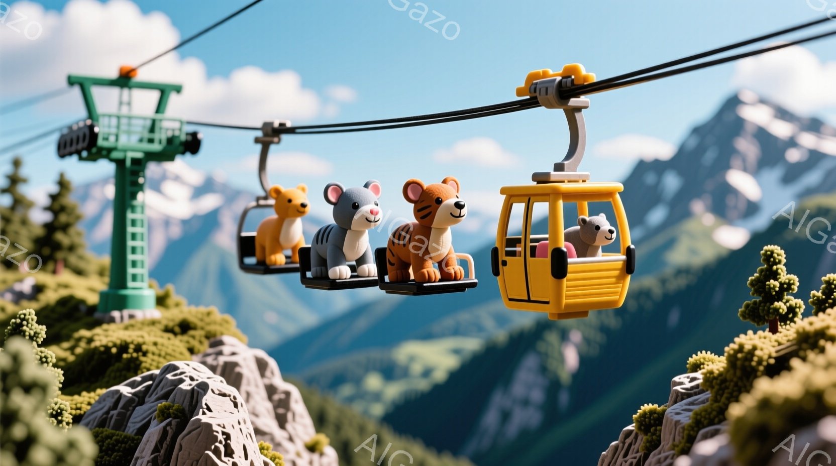 鮮やかな黄色のゴンドラが、緑豊かな山々を背景に空を走っている。ゴンドラの中には、オレンジ色のライオン、灰色のネズミ、トラ柄のクマ、そして茶色のクマの４匹の動物たちが乗っており、それぞれリラックスした表情で景色を楽しんでいるように見える。背景には雪を抱いた山々が広がり、青空と合わせて爽やかで平和な雰囲気を醸し出している。