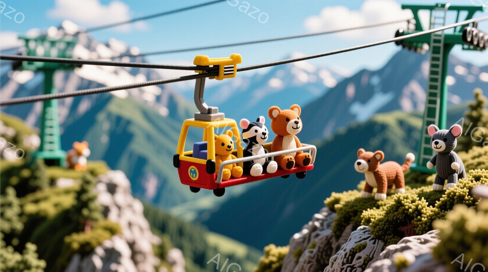 鮮やかなオレンジ色のロープウェイの中に、クマ、犬、ウサギの人形が座っています。彼らは皆、ニット帽をかぶっており、楽しそうな表情をしています。背景には緑豊かな山々が広がり、青空の下、穏やかで楽しい雰囲気を醸し出しています。