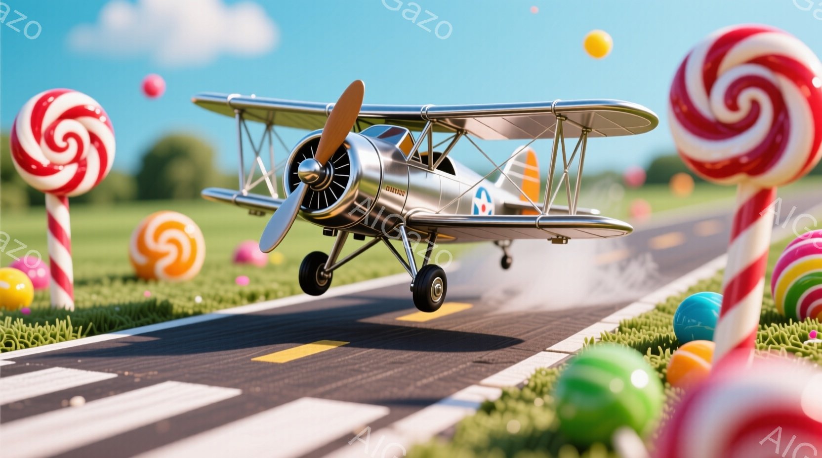 白い複葉機が、緑の芝生とキャンディーが並ぶ滑走路を走っている様子が描かれています。青いラインと黄色いアクセントが施された機体は、空へと飛び立つ直前の勢いを感じさせ、背景には青空と白い雲が広がっています。全体的にカラフルで遊び心にあふれた、夢のような雰囲気が漂っています。