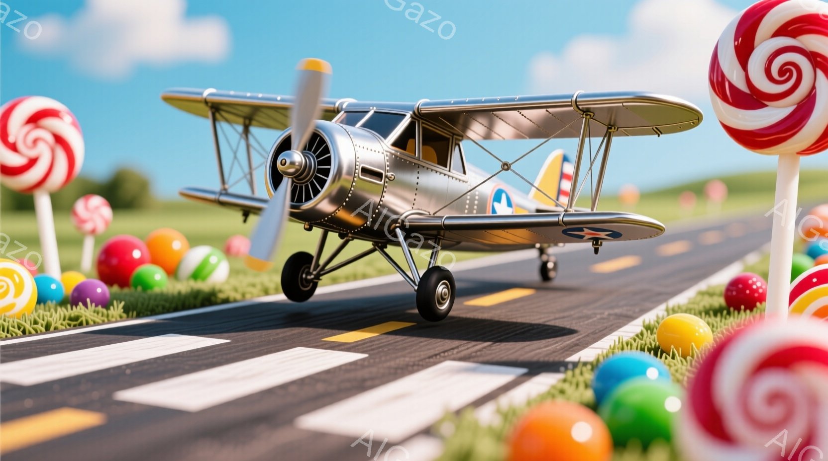 古いプロペラ機が、滑走路の上を走っている様子が描かれています。周囲には色とりどりのキャンディが散りばめられ、背景には緑の丘と青空が広がっています。全体的に明るく、お祭りや遊園地のような楽しい雰囲気が漂 - AI生成フリー素材