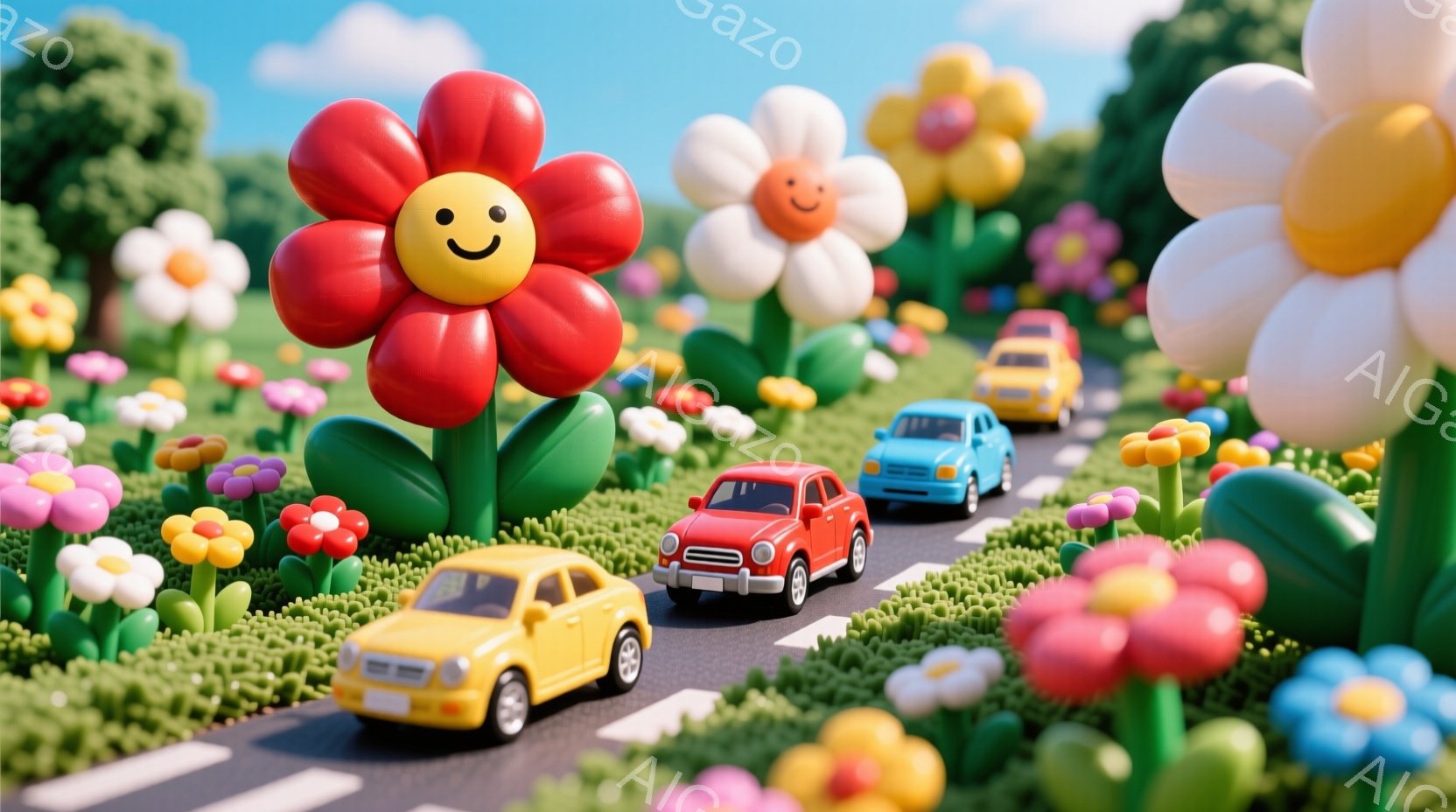 明るい緑色の草原に、カラフルな車が並んで走る道が描かれています。道の両側には、笑顔の顔がついた大きな花が咲き乱れ、まるで夢のような可愛らしい風景を作り出しています。空は青く、全体的に暖かく、楽しい雰囲気が漂っています。