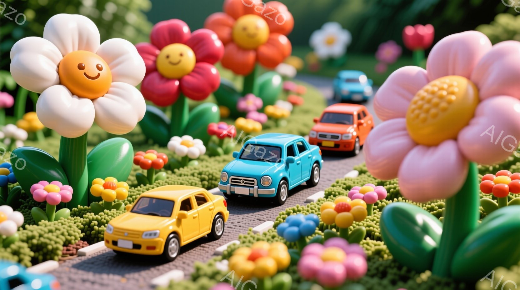 カラフルな玩具の車が、大きな笑顔のついた花々が生い茂る道を走行している様子が描かれています。花々はピンク、赤、白、黄色と多様な色合いで、道沿いに密集して咲き誇り、まるで夢のような世界を表現しています。全体的に明るくポップな雰囲気で、子供向けの楽しい世界観が感じられます。