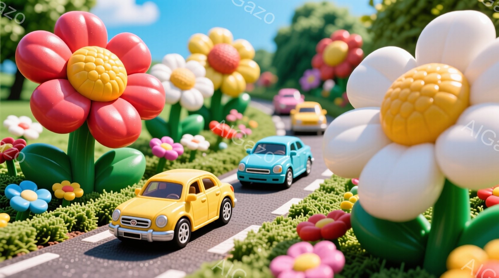 鮮やかな色のミニカーが、巨大な花に囲まれた道路を走っている様子が描かれています。道路の両側には、ピンク、白、黄色などのカラフルな花が咲き乱れ、背景には青空が広がっています。全体的に、遊び心があり、夢の - AI生成フリー素材