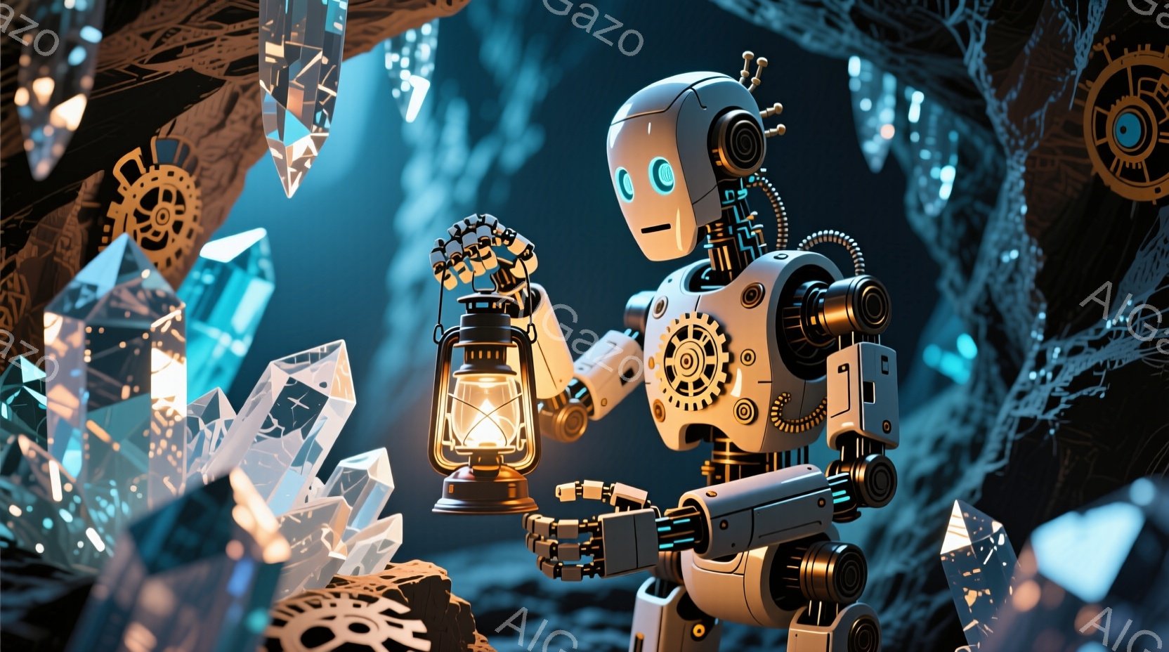 白いロボットが、点灯した古いランタンを手に持っている姿が描かれています。ロボットは複雑な機械構造で構成され、青色の瞳が印象的です。背景には、クリスタルのような構造物と歯車が散りばめられ、幻想的でメカニカルな雰囲気を醸し出しています。