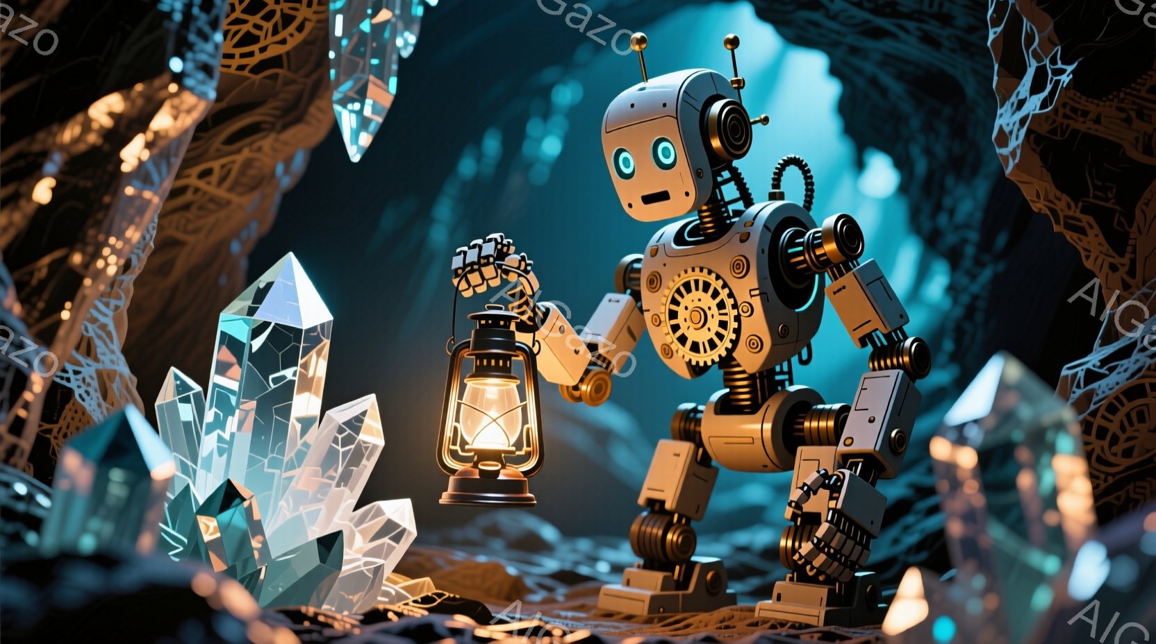複雑なメカニズムを持つ、小さなロボットが洞窟の中で灯りを頼りに立っている。クリスタルのような岩石に囲まれ、レトロなオイルランプを手に、探索者のようなポーズをとっている。背景には、精巧な模様が刻まれた洞窟の壁が広がり、神秘的で冒険心あふれる雰囲気を醸し出している。